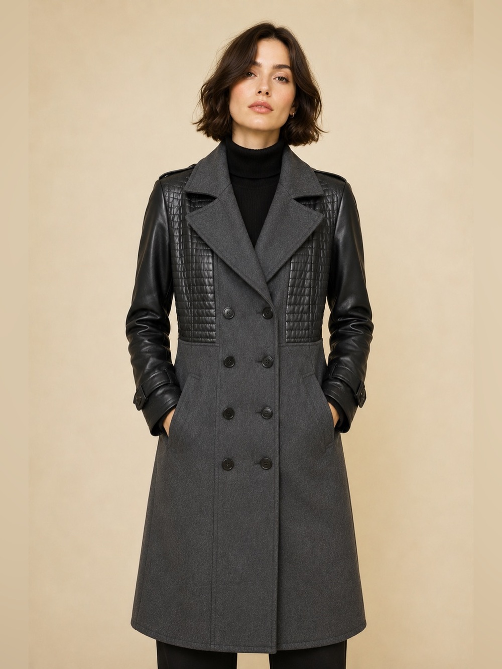 Danier Charcoal Gray Wool Blend Double-Breasted Coat with Leather Sleeves